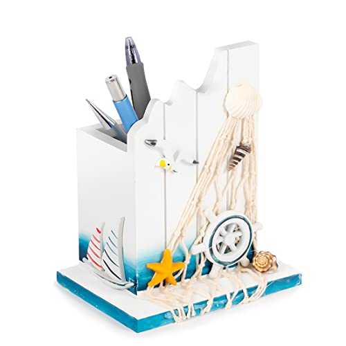 Pen Holder - Sailing Themed Pencil Organizers Wooden Desk Decor for Office 1 Pack Nautical Rudder Supplies Pen Container Mediterranean Style