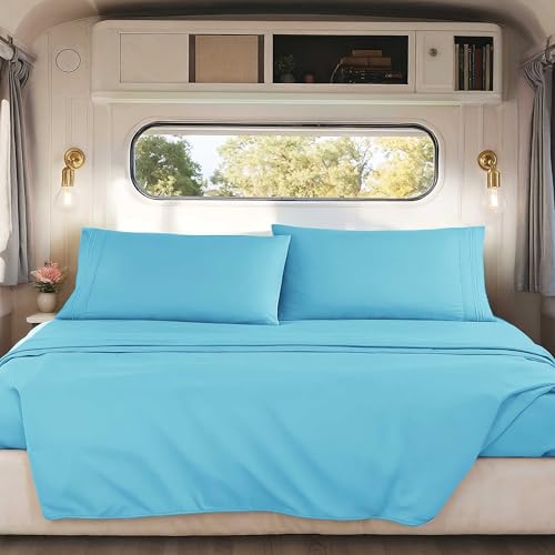 Image of Nestl Bright Blue Short Queen Sheets for RV, Hotel Luxury RV Queen Sheets Set, 4 Piece Fitted Bed Sheet Set and Pillowcases, Super Soft, Wrinkle-Free, and Breathable Camper Bedding
