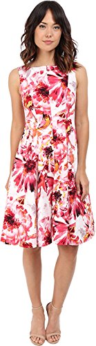 Maggy London Women's Painted Floral Cotton Fit and Flare with Bateau Neck Dress