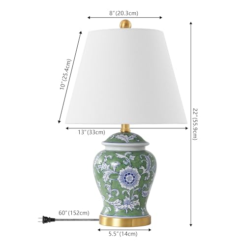 Image of JONATHAN Y 22 inch Green /White Ceramic Table Lamp, French Country Chinoiserie Ginger Jar LED Bedside Lamp for Living Room Bedroom, White Linen Shade (JYL3005E)
