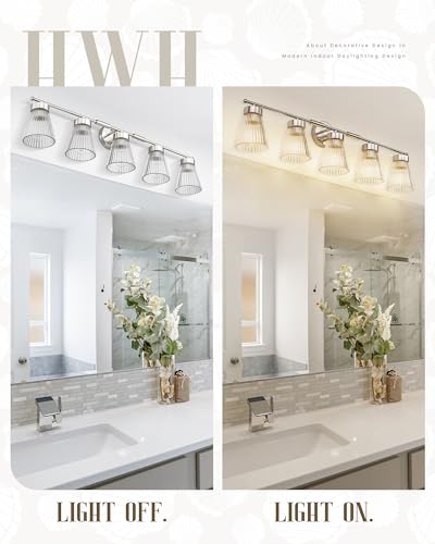 Image of Brushed Nickel Bathroom Vanity Light, HWH 5-Light Bathroom Light Fixtures Modern Wall Vanity Lamp for Bathroom Over Mirror, Clear Striped Glass Shade, 5HZG97B-5W BN