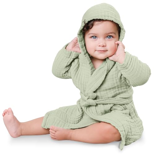 Comfy Cubs Muslin Bath Robe for Kids - 100% Cotton, 4-Layer Absorbent Muslin Fabric - Hooded with Pockets and Belted