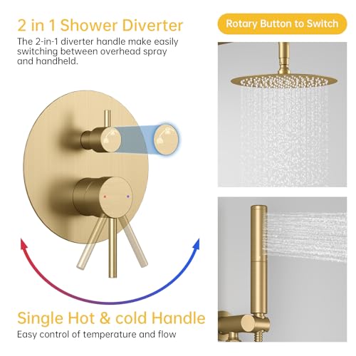 Image of BESy Shower System with 10 Inch Round Rain Shower Head and Handheld Wall Mounted, High Pressure Rainfall Shower Faucet Fixture Combo Set with 2 in 1 Handheld Showerhead for Bathroom, Brushed Gold