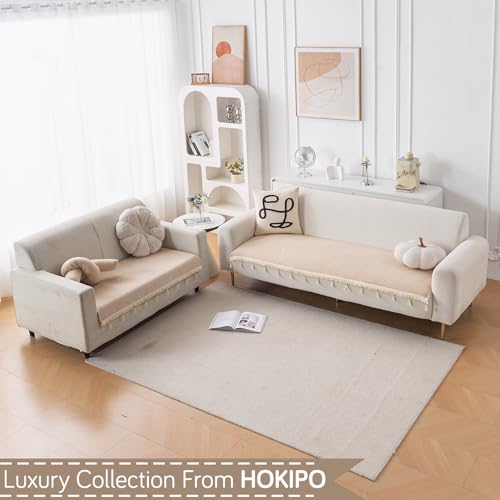 Image of HOKIPO 'Serenity Tassel' Chenille Sofa Cover 5 Seater Set with Tassels - Washable 3+2 Sofa Cover Mat | Ivory Fringe (IN-891 + IN-892 - BGE)