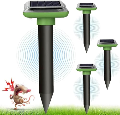 4 Piezas Ahuyentador de Ratas, Ahuyentador de Topos, Repelente Ultrasónico de Ratones, Impermeable Repelente de Topo Solar, para Gatos/Ardillas/Animales Salvajes