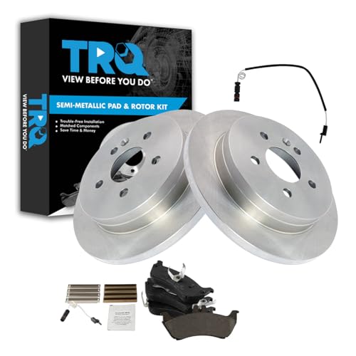 Image of TRQ Rear Brake Pad and Rotor Set Semi Metallic Solid Rotors Wear Sensor