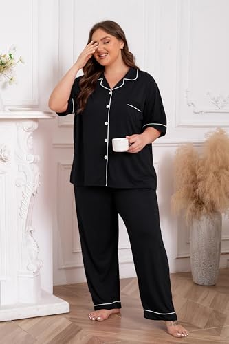 Image of Vozanet Women Plus Size Pajamas Button Down Rayon Softness PJS Classic Sleepwear Short Long Loungewear 2pcs with Pockets