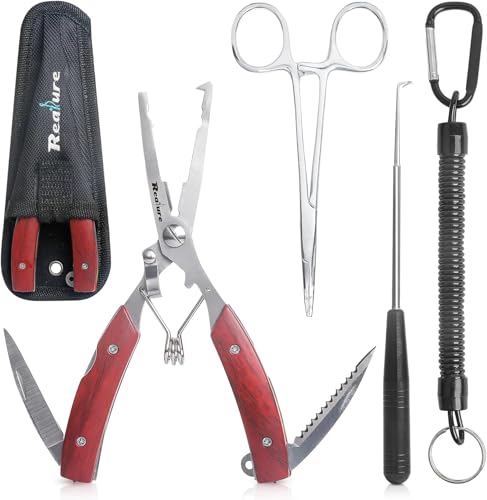 Realure Juego de 3 alicates de pesca multifuncionales con cordón, incluye alicates para arterias, desenganche de anzuelos, cortador de líneas, alicates para desenganchador de ganchos, anillo de