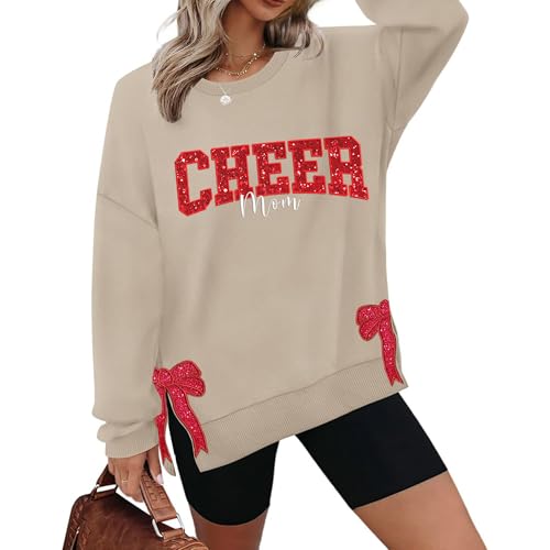 SHAANT Personalized Christmas Embroidered Glitter Sweatshirt, Mom Cheer Sweatshirt for Women, Cheer Mom Hoodie, Cheer mom long sleeve shirt, Side Bow Appliqué Sweatshirt Embroidery