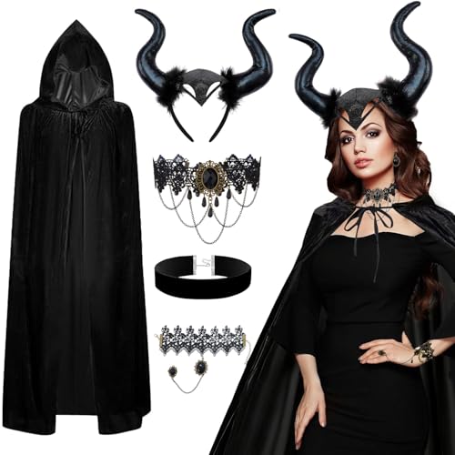 Shengruili Halloween Böse Königin Kostüm Umhang mit Kapuze,Böse Königin Kostüm Halloween Umhang mit Kapuze,königin Hörner Teufel Dämonenhorn,Retro Halskette Armband für Karneval Maskerade