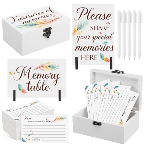 Image of Gilprop 112 Pcs Celebration of Life Memory Cards Set Share a Memory Cards with Box 2 Wood Sign with 4 Hold and 5 Pens, Sympathy Memorial Gifts Funeral Keepsake Decorations(Feather)