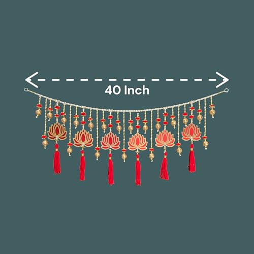 Image of Rajasthan Kraft Handmade Decorative Lotus Toran with Beads, Flower Moti & Pom Pom, Gota Ball, Woolen Tassels, Size - 40x16 Inch, Perfect Used for Home Decor, Festival & Wedding Decoration (RK-T-159)