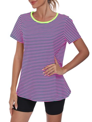 Kimmery Striped Open Back Workout Tops for Women Breathable Short Sleeve Athletic Shirts with Asymmetric Hem for Gym & Yoga Pink Green 3XL — view 4