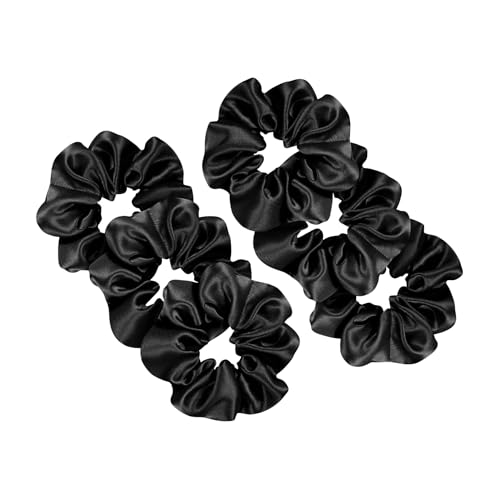 Image of Silk Satin Scrunchies (Pack of 6) - No Tug, No Damage Hair Ties for Women & Girls - Elegant & Comfortable (Black)