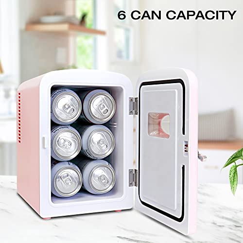 Koolatron Retro Mini Fridge For Bedrooms 4L Small Fridge 6 Can Table Top Fridge Quiet Mini Fridges For Skincare Food Drinks Kids Home Car & Travel 12v Portable Cooler Refrigerator, Pink
