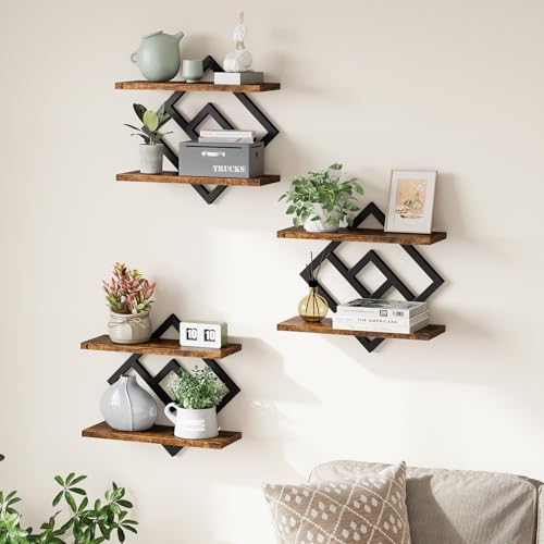 Image of ELYKEN Floating Shelves for Wall, Set of 3 Hanging Shelves, 2-Tier Wall Mounted Storage Shelves for Books & Decor, Perfect for Living Room, Bedroom, Kitchen, Home Office, Study, Rustic Brown