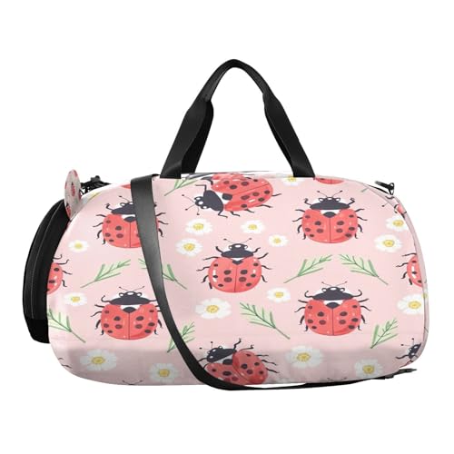 YETTASBIN Sport Travel Duffel Bag for Girls Boys, Ladybugs Large Waterproof Weekender Overnight Bag, Detachable Shoulder Strap Gym Bag with Shoe Compartment & Wet Pocket2