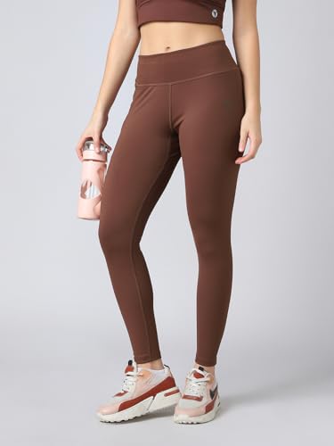 Image of TECHNOSPORT Women's Solid Slim Fit ELASTOPLUS Tights High Waist Polyester Gym Leggings for Yoga Running Workout UPF50+ Anti Odour