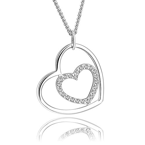 ELEGANZIA Heart Necklace for Women 925 Sterling Silver Forever Love Pendant Round White Cubic Zirconia for Anniversary Birthday, Jewelry for Mother Mom Granddaughter Girlfriend