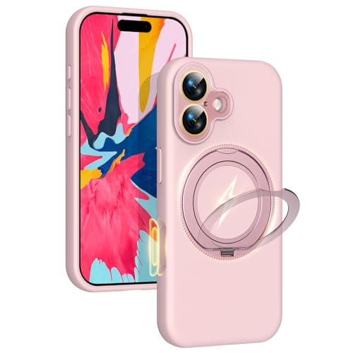 Image of Silicone 360 Spin Magnetic Stand Case for iPhone 17, [Compatible with Mag-Safe][Reinforced Hard Camera Protection]Shockproof Liquid Silicone Rubber Phone Case Cover with Ring, Camera Button, Pink