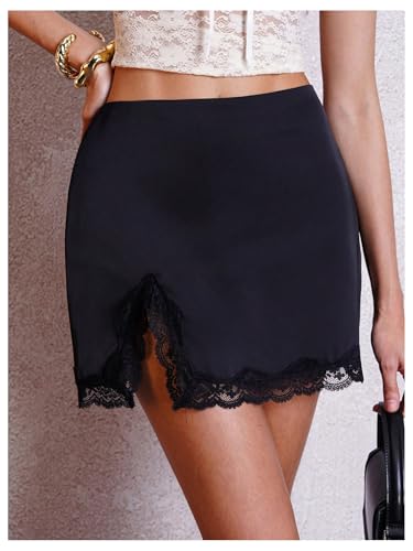 MakeMeChic Women's Lace Trim Satin Mini Skirt Split Hem Bodycon Short Skirts2