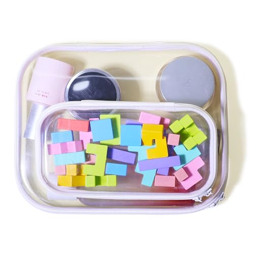 Image of 2-Pack Clear Hard Shell Zipper Case, Large & Small, Transparent, Durable Plastic, Ideal for Building Blocks, Puzzles, Cosmetics, Stationery