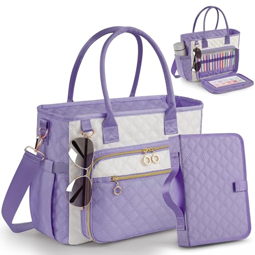 Large Bible Bag with Bible Cover Case for Women Color-Blocking Quilted Church Tote Bag with Shoulder Strap Christian Gifts for Women(Purple)