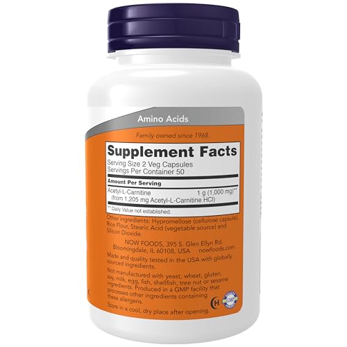 Now Foods Acetyl-L-Carnitine 500Mg (Soy Free, Non-GMO, Nut Free, Gluten Free, Dairy Free, Egg Free, Kosher) - 100 VCaps