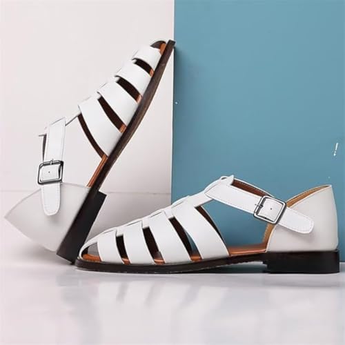 Men's Leather Hollow Flat Fisherman Sandals with Buckle Comfortable Round Toe Breathable Low Heel Non-slip Roman Sandals for Leisure, Work, Driving (White,12)4