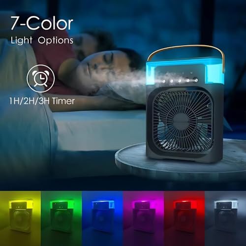 Image of Drumstone 𝟏𝟓 𝐘𝐞𝐚𝐫𝐬 𝐖𝐚𝐫𝐫𝐚𝐧𝐭𝐲 Portable Personal Air Cooler, Portable Air Conditioner Fan, Mini Evaporative Coolin fan with 7 Colors LED Light for Home & Office Uses (Black) Multicolor