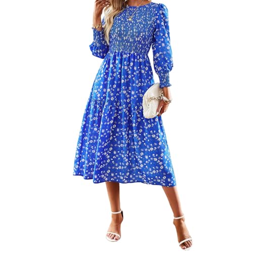 TcIFE Women's Dresses Long Sleeve Floral Ruffle Tiered Swing Flowy A Line Beach Midi Dress Royal Blue