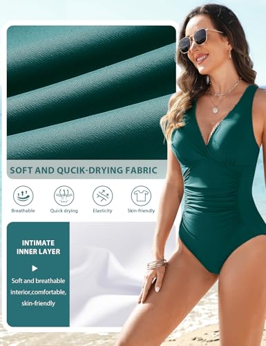 UMIPUBO Womens Swimming Costume One-Piece Swimsuit Tummy Control V Neck Ladies Swimwear Adjustable Strap Underwired Halter Neck Bathing Suit(Turquoise,M) - Image 3