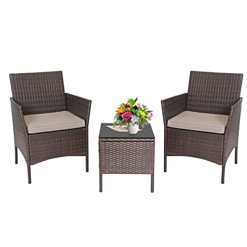 PayLessHere 3-Piece Rattan Wicker Patio Conversation Bistro Set With 2 Chairs, Cushions and Coffee Table (Khaki)