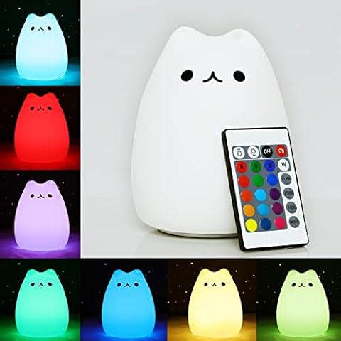 Cat Night Light for Kids - Kitty Light Nightlights for Children Animal Light 7 Breathing Color Light for Baby Bedroom with Remote Control (Remote Control) Cover