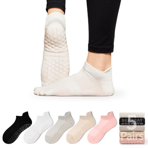 Image of Non-Slip Pilates Yoga Socks for Women Cotton Crew Striped Bow Embroidery for Barre Ballet Dance Workout