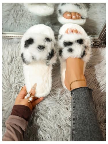 MakeMeChic Women's Cute Cow Print Faux Fur Home Slippers Open Toe Fuzzy Indoor Shoes2