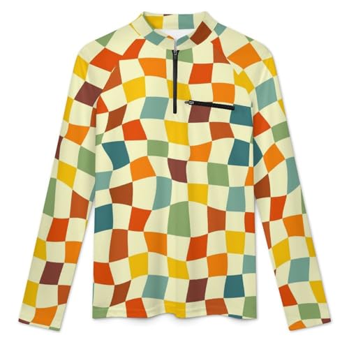 Mens Long Sleeve Mesh Fishing Shirts Retro 70s Chessboard Rash Guard Fishing Running Tshirt Sun Protection Tee3