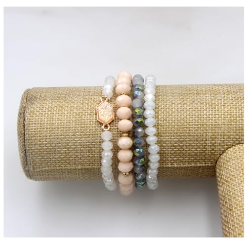 Gold Beaded Bracelet Set, Square Stone Hexagon Druzy Stretch Beaded Stackable Bracelets Bangles 5