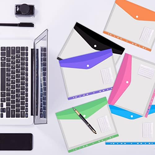 DODUOS 12PCS Expandable Punched Pockets A4 Plastic Wallets Document Files Popper, 6 Colors A4 Folders Wallets Plastic Document Files, A4 Transparent Pocket with Snap Fastener, Label Pocket for Office