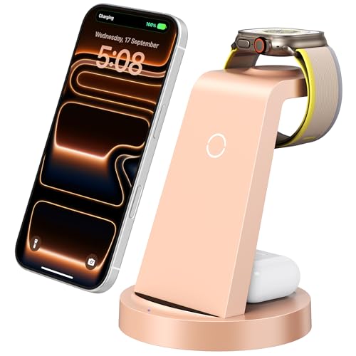 Anlmz 3 in 1 Charging Station for iPhone, Wireless Charger for iPhone 17 16e 16 15 14 13 12 11 X Pro Max & Apple Watch - Charging Stand Dock for AirPods (Rose)