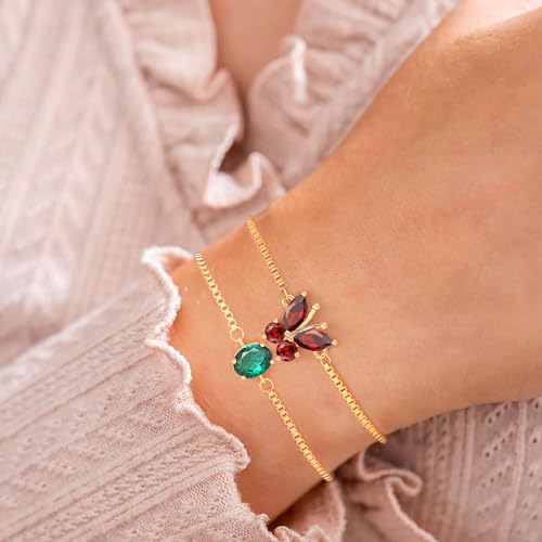 Image of Butterfly Birthstone Bracelets for Women Teen Gifts 14K Gold Plated Butterfly Oval 1-12 Birthstone Bracelet Jewelry Christmas Valentines Day Birthday Gifts for Teens
