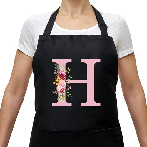 Personalisierte Initialen Schürzen Damen, Kochschürze Baumwolle Verstellbare Küchenschürze mit Taschen zum Kochen, Backen, Geschenk für Frauen Mama Oma Freundin zum Geburtstag Muttertag Weihnachten H