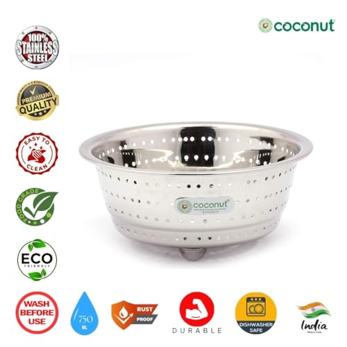 Image of Coconut Stainless Steel Colander Strainer for Kitchen - Large Rice Washer, Fruit & Vegetable Washing Bowl with Handles - Rust-Proof, Heavy-Duty Multipurpose Sieve Basket - Pack of 1 | 25 cm