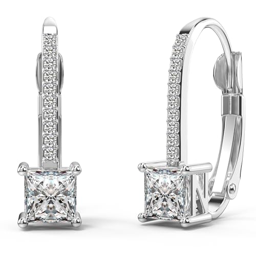 18K White Gold Plated Princess Cut Cubic Zirconia Drop Leverback