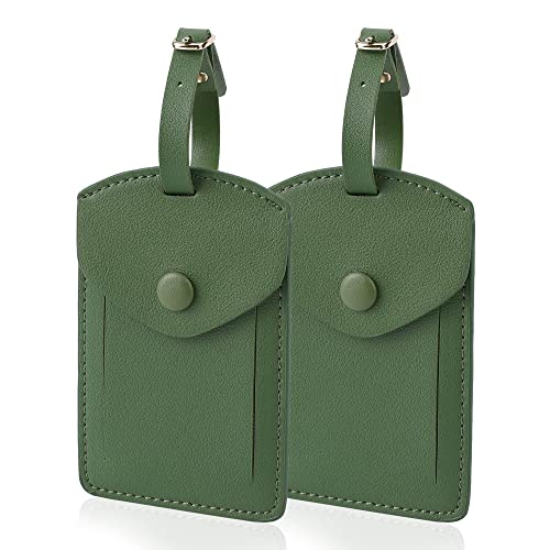 Kevancho Leather Luggage Tags for Men Women, Suitcase Labels Baggage Bag Tag ID Tags with Full Back Privacy Cover for Cruise Ships, Travel Accessories Tags Set of 2 PCS (Green)