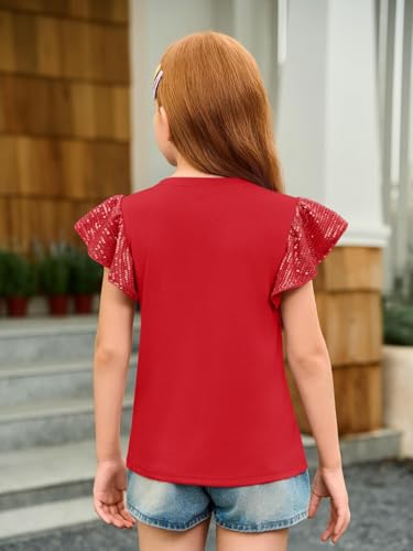 Image of Haloumoning Girls Ruffle Short Sleeve T Shirts Sequin Casual Cute Crewneck Tops
