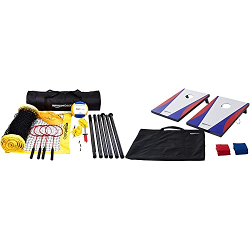 Amazon Basics Outdoor Volleyball And Badminton Combo Set With Net & Wooden Cornhole Outdoor Lawn Game Set #TOP29