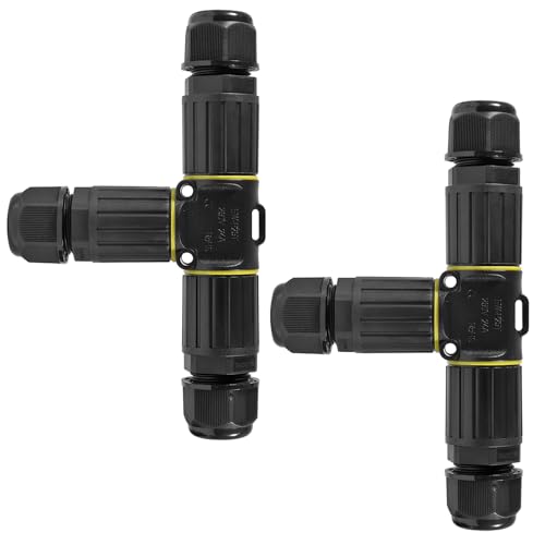 2PCS 3 Way IP68 Waterproof Electrical Cable Connector, Outdoor 3 Pin T Shape Junction Box, Electrical Wire Connector for AWG 28-12 Wire Range(AC 250V, 16A)