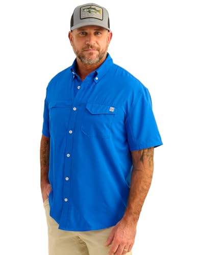 Image of HUK Men's Tide Point Kc Scott Original Artwork Short Sleeve Shirt, Fishing Button Down