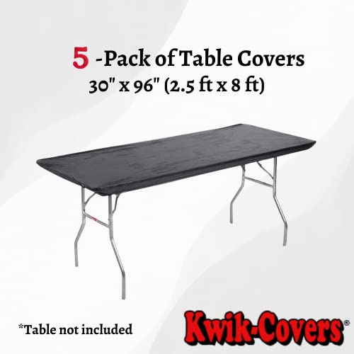 Kwik-Covers Rectangular Plastic Table Covers 8' Bundle Of 5 With Seventy (70) Ohm Commerce Paper Napkins - Indoor Or Outdoor Fitted Table Covers (Table Not Included) (30" X96" Black) #TOP1